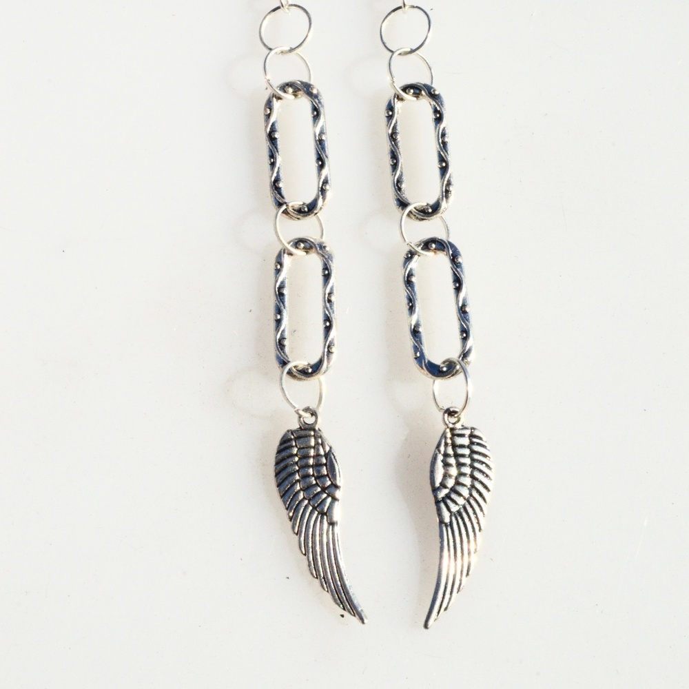 Long Silver Drop Earrings Angel Wings Handmade - Picture 4 of 4